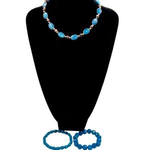 Blue Beaded Necklace & Bracelet Set For Women Opalite & Glass Beads